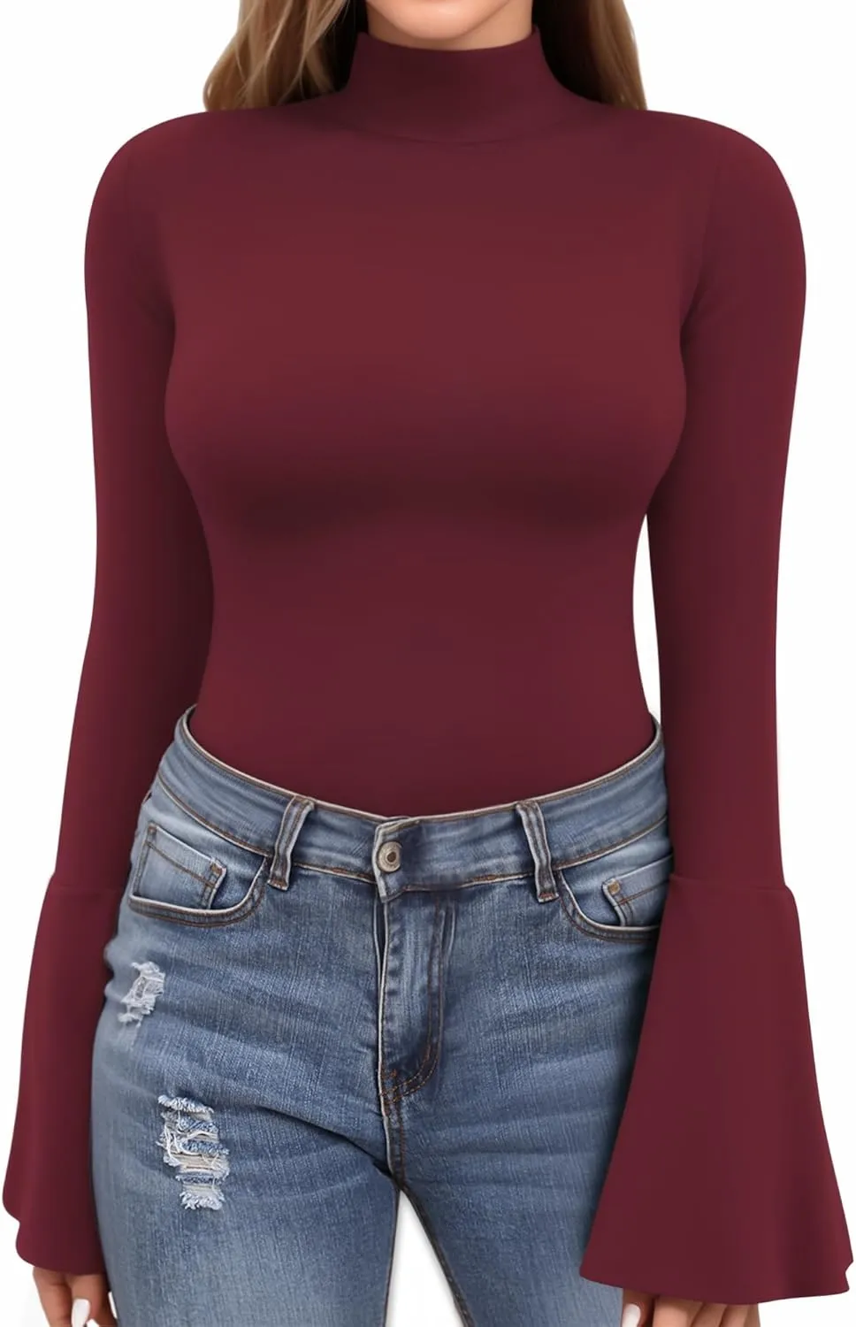 MANGOPOP Long Sleeve Mock Neck Shirts for Women Bell Sleeve Turtle Neck Tops Basic Going Out Tee Blouse