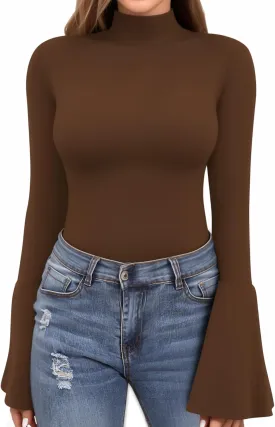 MANGOPOP Long Sleeve Mock Neck Shirts for Women Bell Sleeve Turtle Neck Tops Basic Going Out Tee Blouse