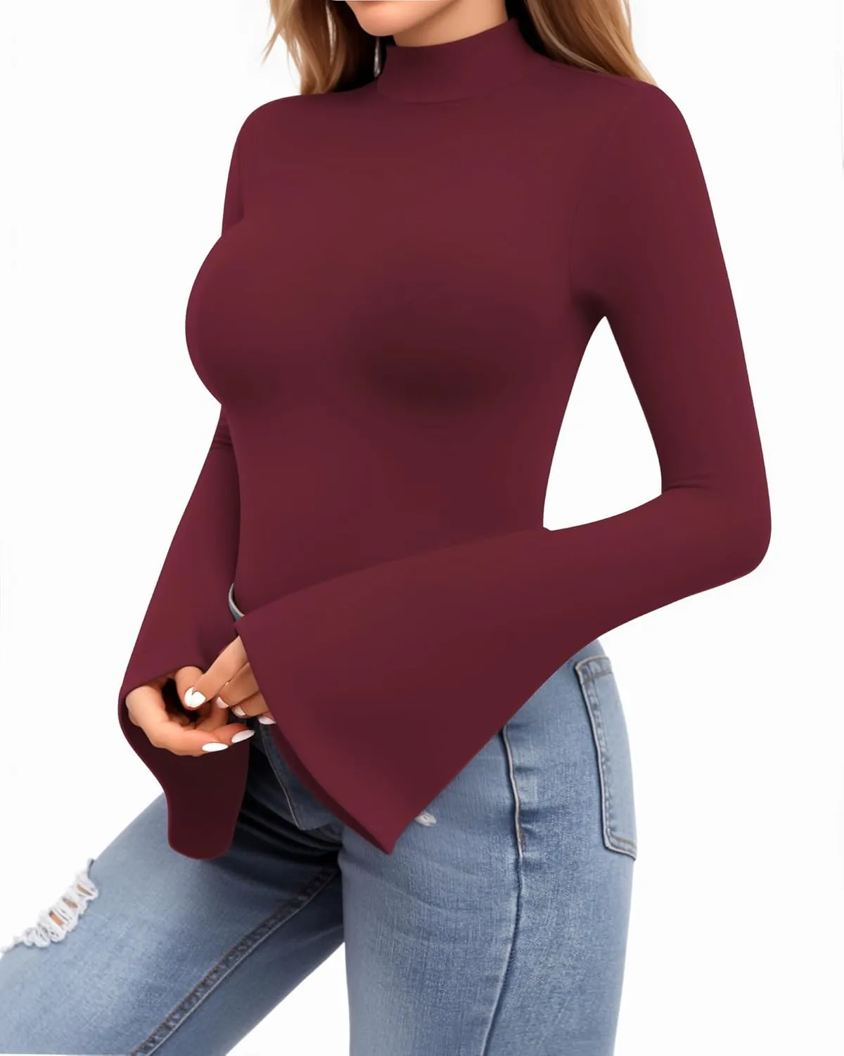 MANGOPOP Long Sleeve Mock Neck Shirts for Women Bell Sleeve Turtle Neck Tops Basic Going Out Tee Blouse