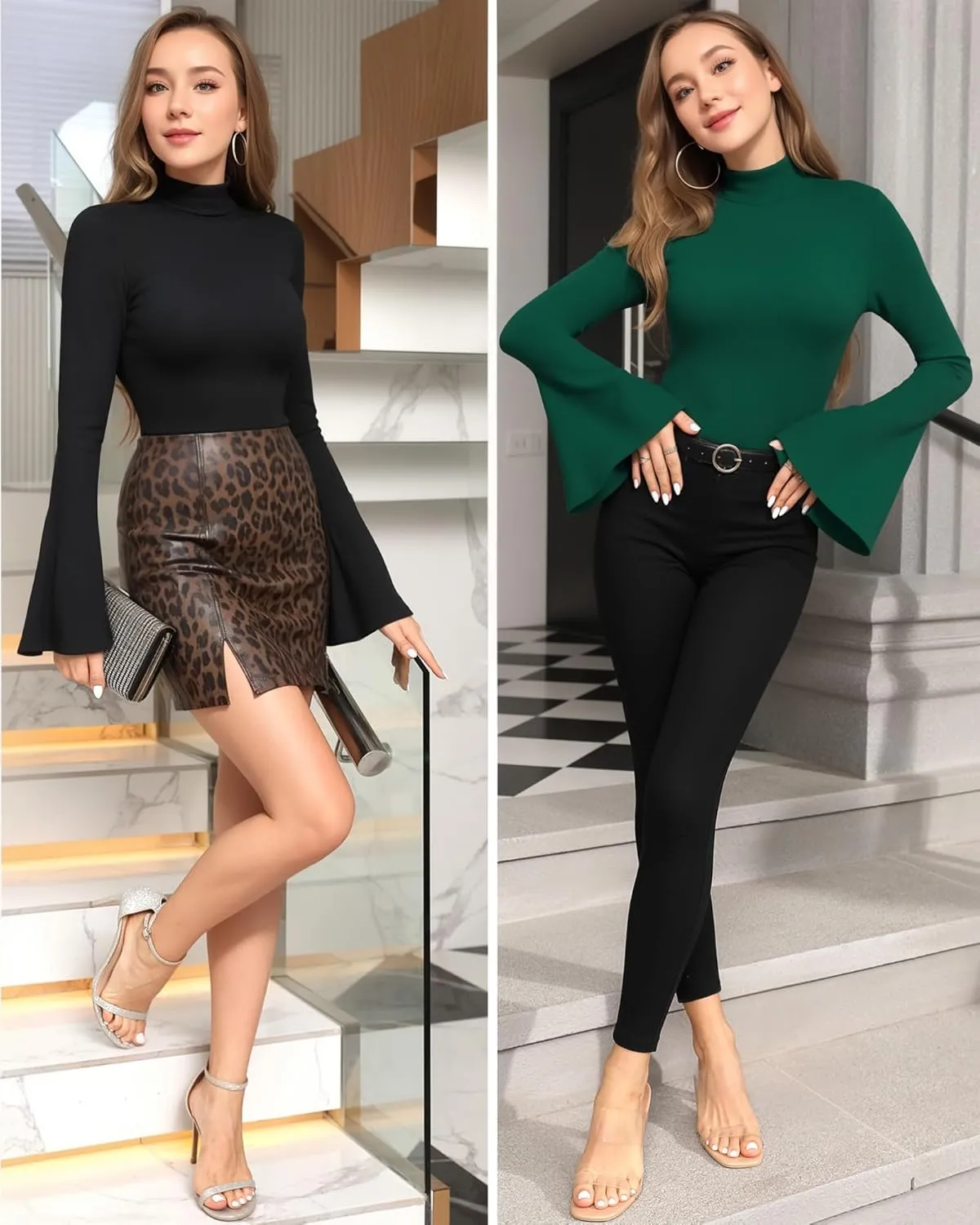 MANGOPOP Long Sleeve Mock Neck Shirts for Women Bell Sleeve Turtle Neck Tops Basic Going Out Tee Blouse