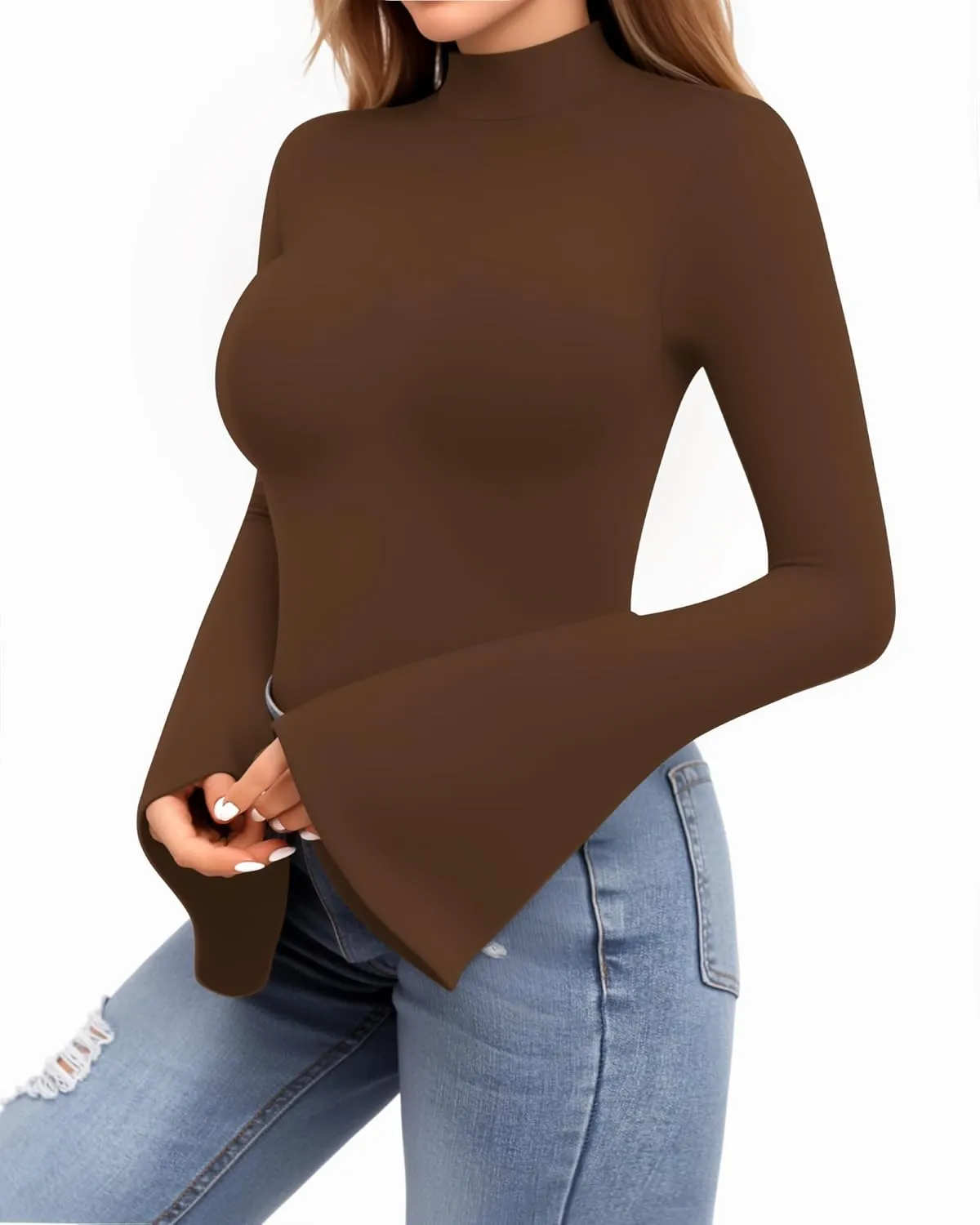 MANGOPOP Long Sleeve Mock Neck Shirts for Women Bell Sleeve Turtle Neck Tops Basic Going Out Tee Blouse