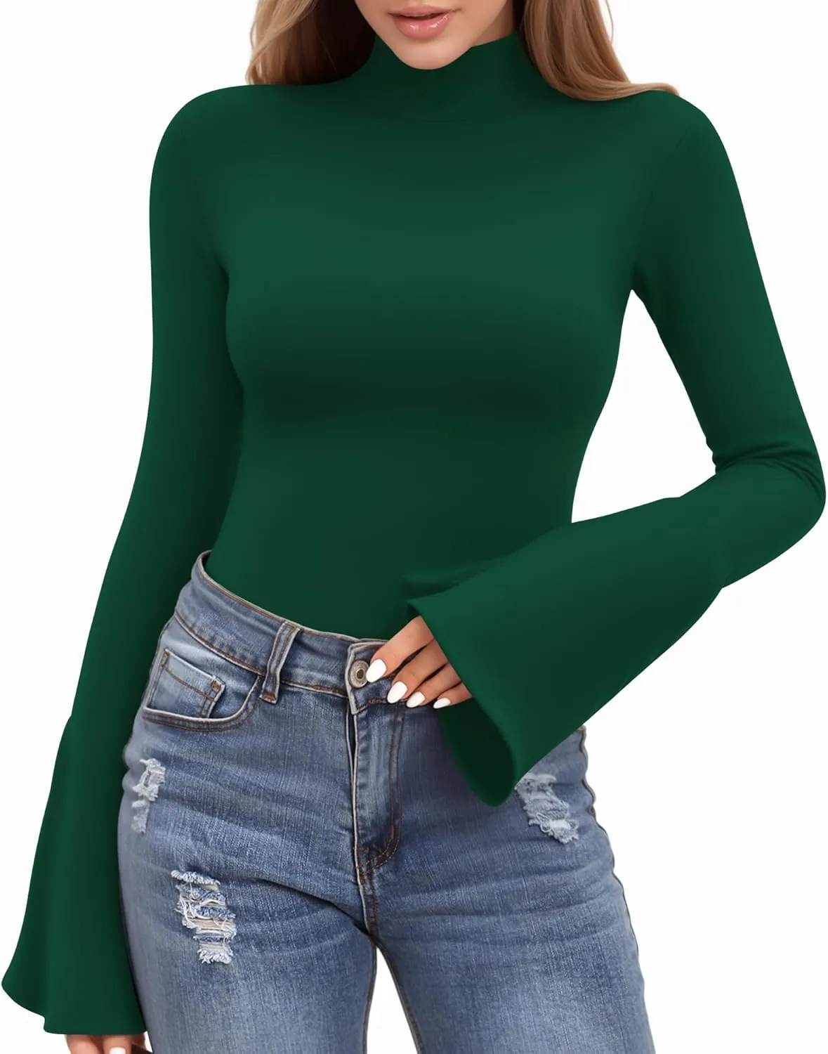 MANGOPOP Long Sleeve Mock Neck Shirts for Women Bell Sleeve Turtle Neck Tops Basic Going Out Tee Blouse