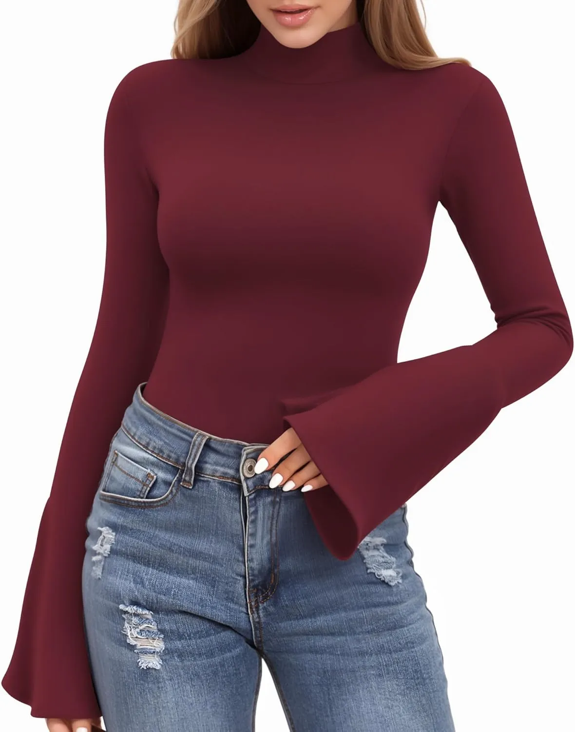 MANGOPOP Long Sleeve Mock Neck Shirts for Women Bell Sleeve Turtle Neck Tops Basic Going Out Tee Blouse