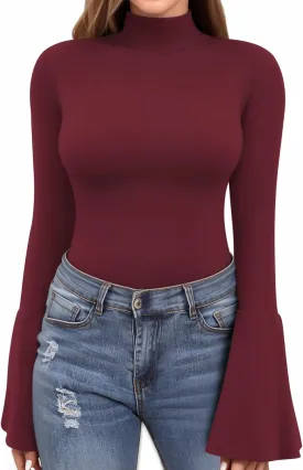 MANGOPOP Long Sleeve Mock Neck Shirts for Women Bell Sleeve Turtle Neck Tops Basic Going Out Tee Blouse