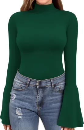 MANGOPOP Long Sleeve Mock Neck Shirts for Women Bell Sleeve Turtle Neck Tops Basic Going Out Tee Blouse
