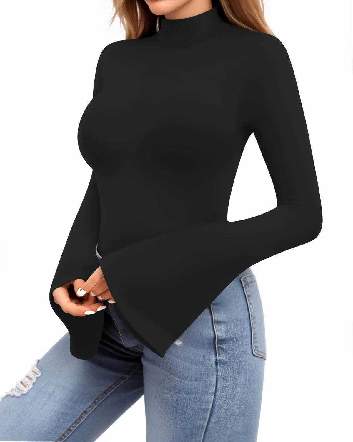 MANGOPOP Long Sleeve Mock Neck Shirts for Women Bell Sleeve Turtle Neck Tops Basic Going Out Tee Blouse