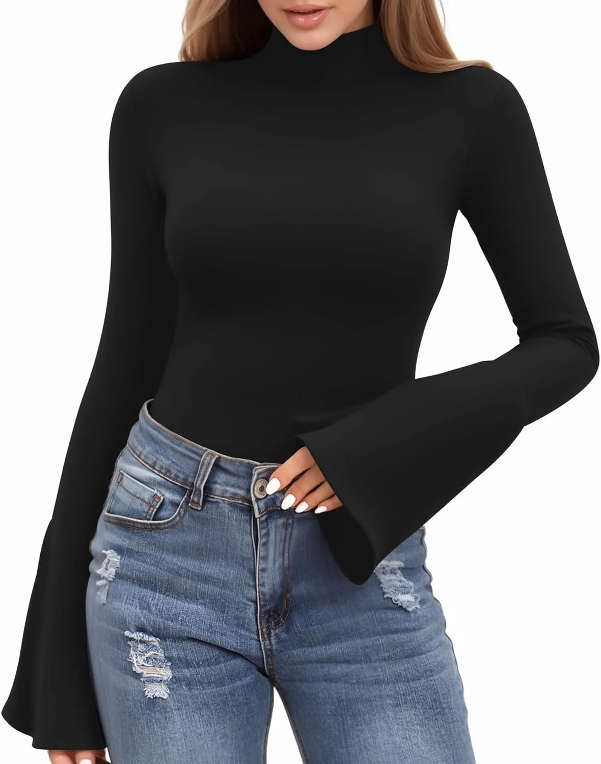 MANGOPOP Long Sleeve Mock Neck Shirts for Women Bell Sleeve Turtle Neck Tops Basic Going Out Tee Blouse