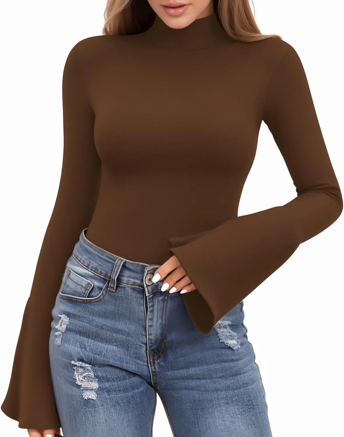 MANGOPOP Long Sleeve Mock Neck Shirts for Women Bell Sleeve Turtle Neck Tops Basic Going Out Tee Blouse