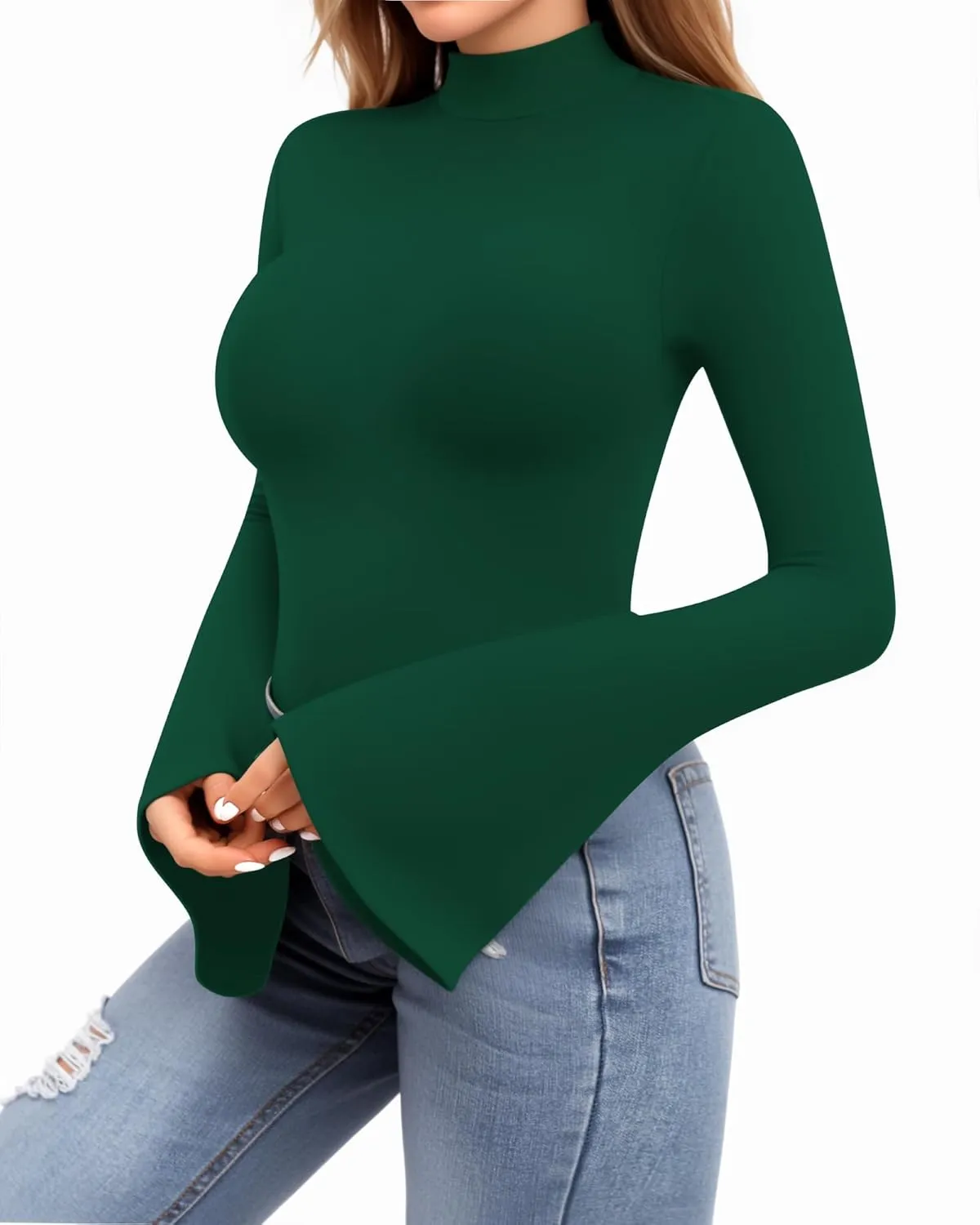 MANGOPOP Long Sleeve Mock Neck Shirts for Women Bell Sleeve Turtle Neck Tops Basic Going Out Tee Blouse
