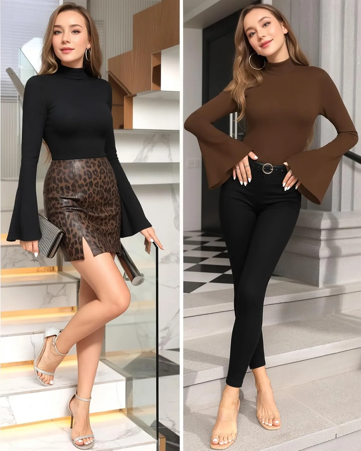 MANGOPOP Long Sleeve Mock Neck Shirts for Women Bell Sleeve Turtle Neck Tops Basic Going Out Tee Blouse
