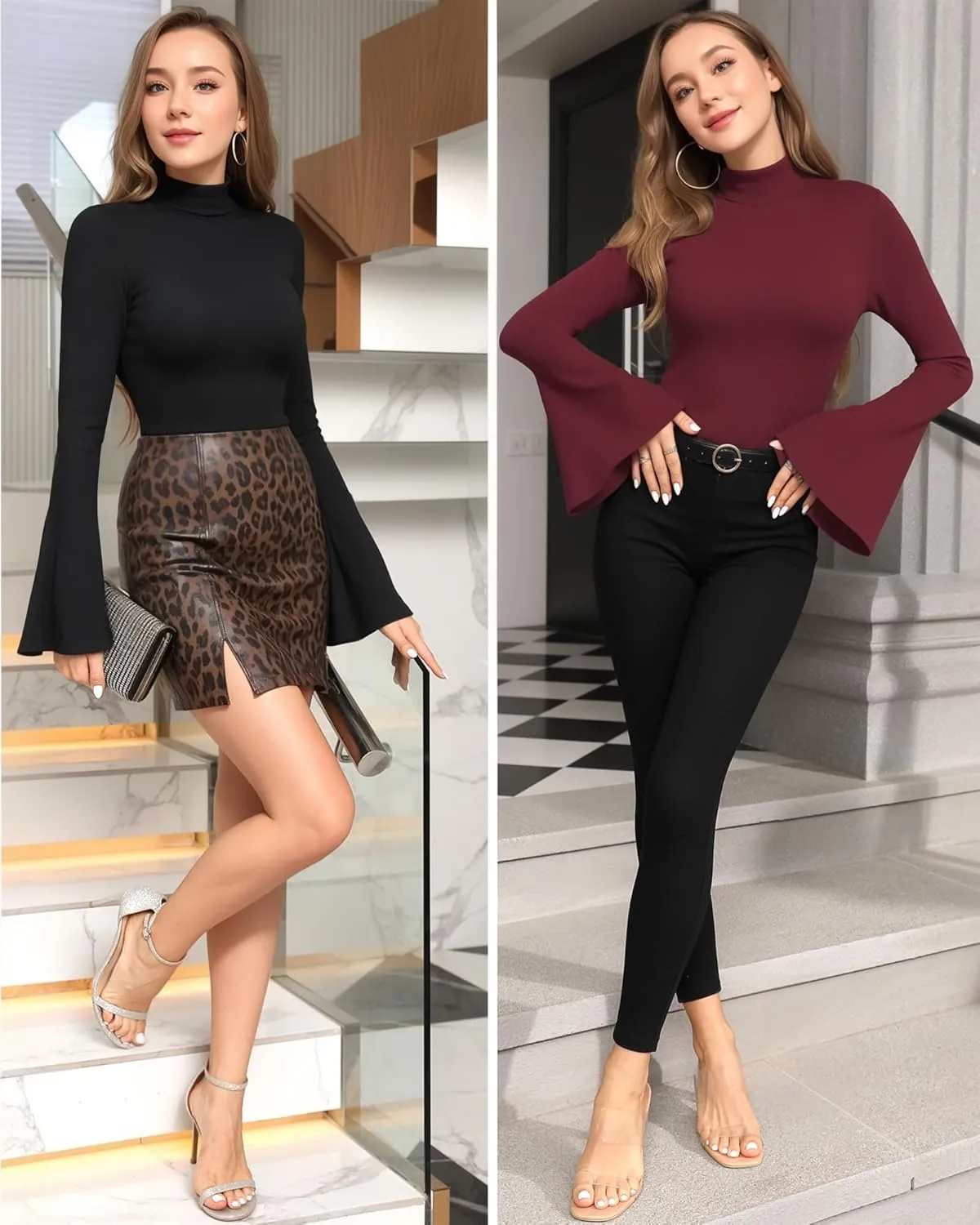 MANGOPOP Long Sleeve Mock Neck Shirts for Women Bell Sleeve Turtle Neck Tops Basic Going Out Tee Blouse