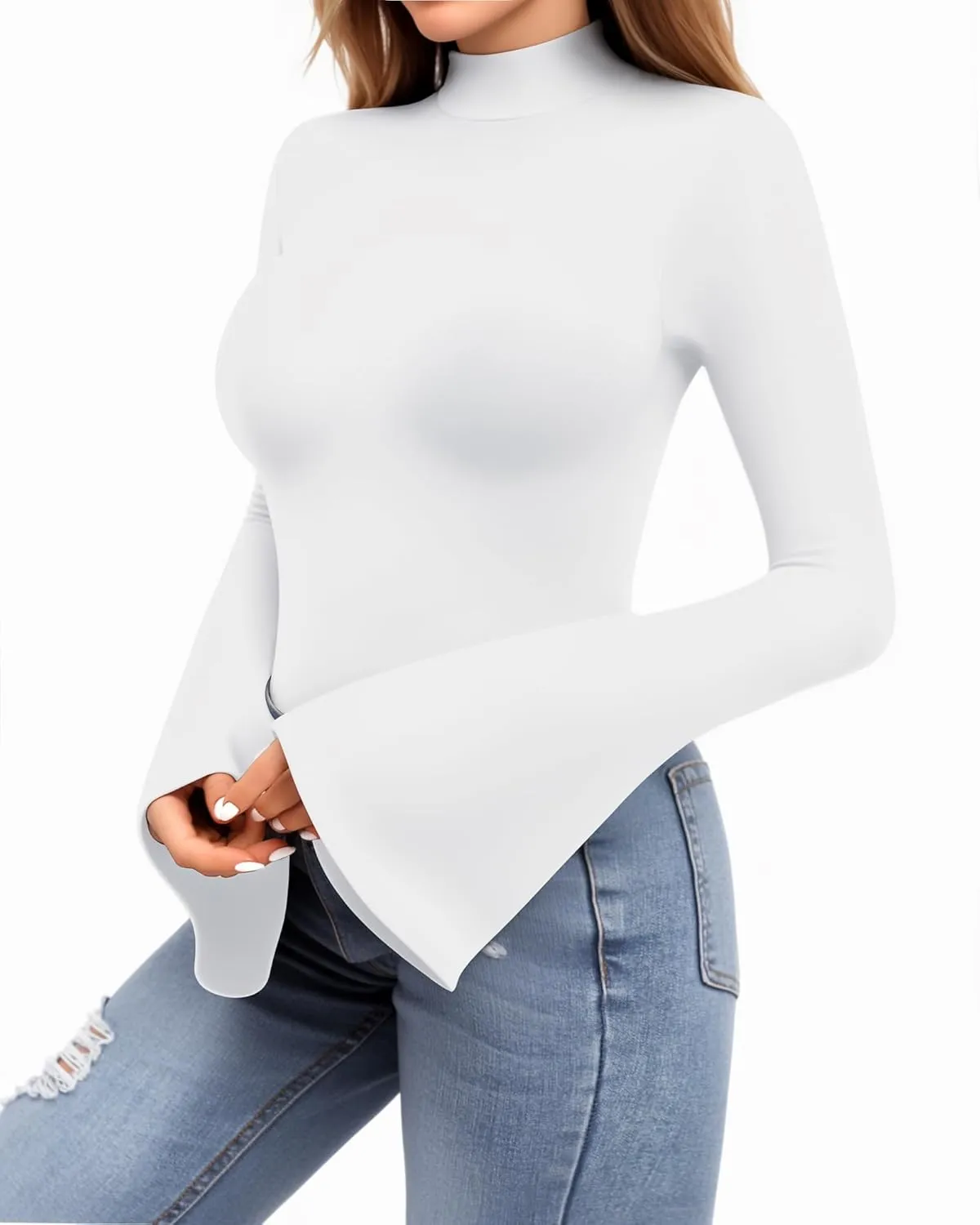 MANGOPOP Long Sleeve Mock Neck Shirts for Women Bell Sleeve Turtle Neck Tops Basic Going Out Tee Blouse