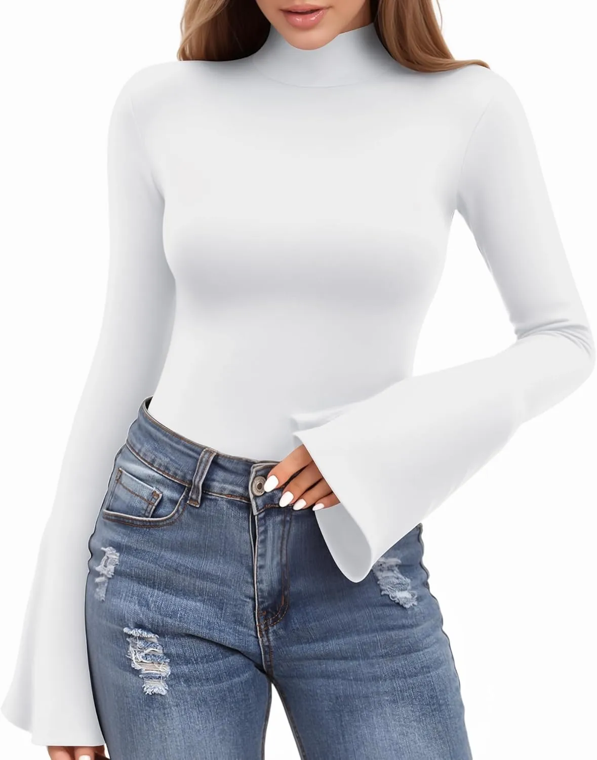MANGOPOP Long Sleeve Mock Neck Shirts for Women Bell Sleeve Turtle Neck Tops Basic Going Out Tee Blouse