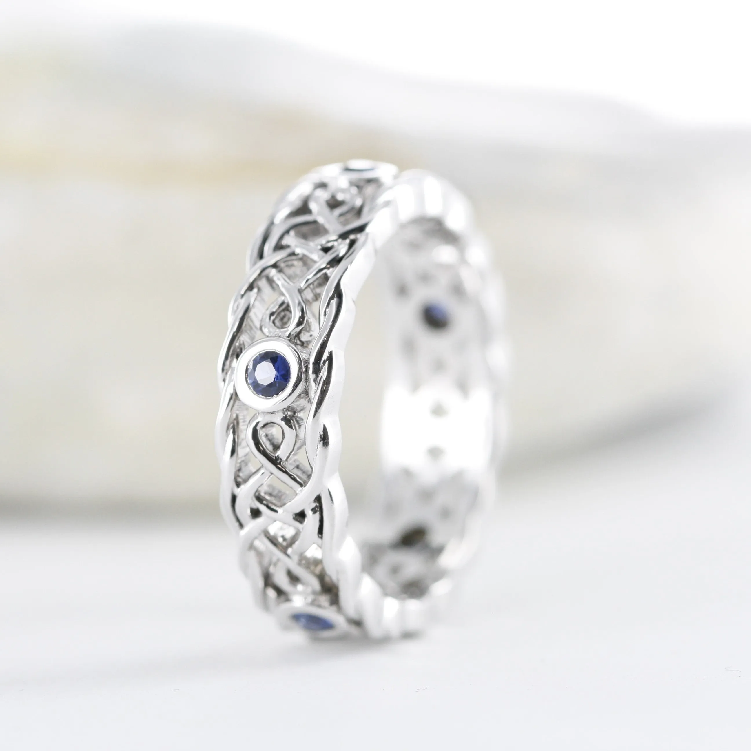 Natural Sapphire Celtic Knot Design Wedding Ring in 14K Solid White Gold