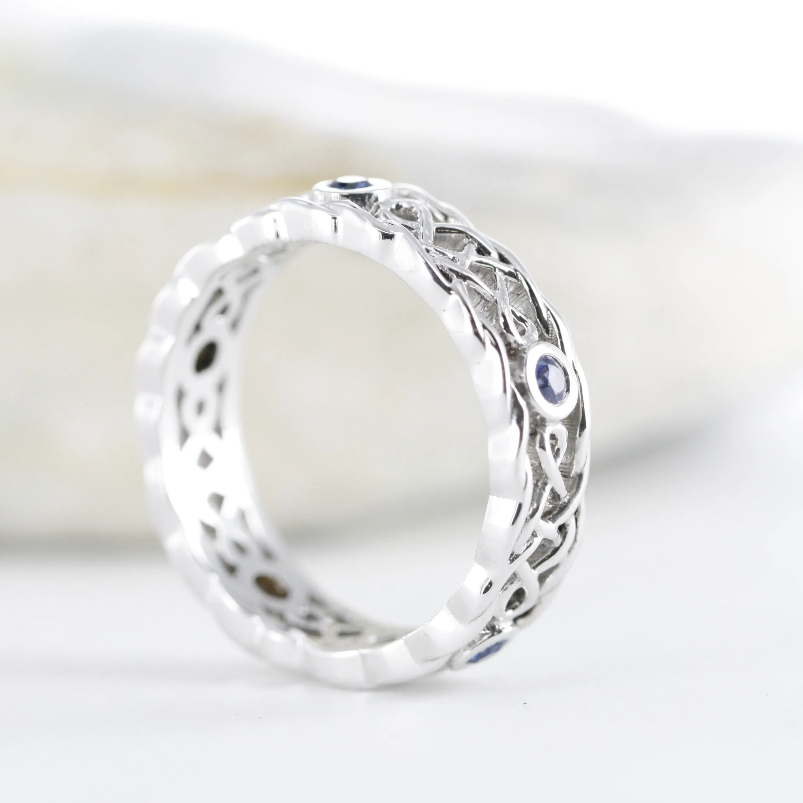 Natural Sapphire Celtic Knot Design Wedding Ring in 14K Solid White Gold