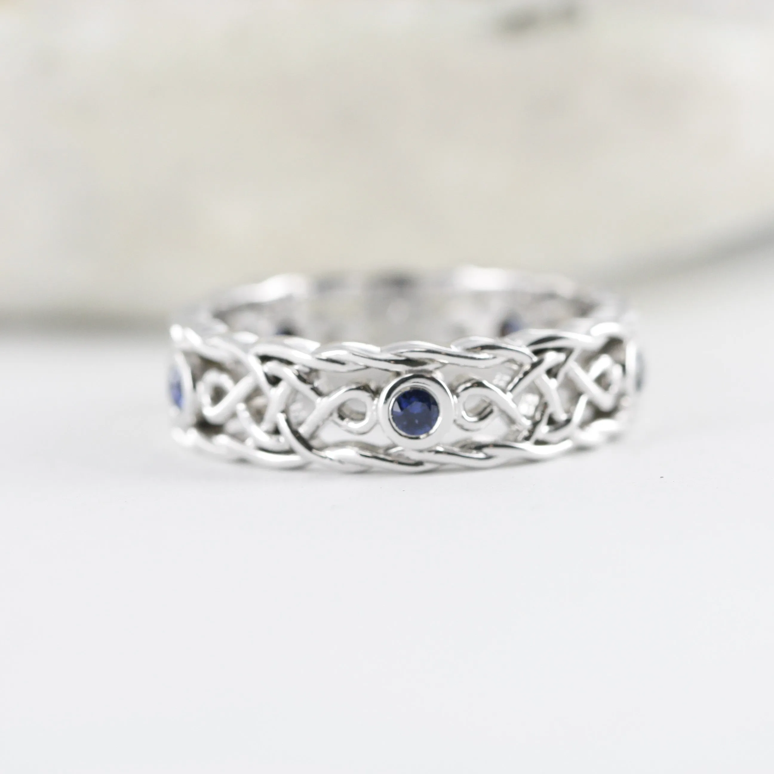 Natural Sapphire Celtic Knot Design Wedding Ring in 14K Solid White Gold