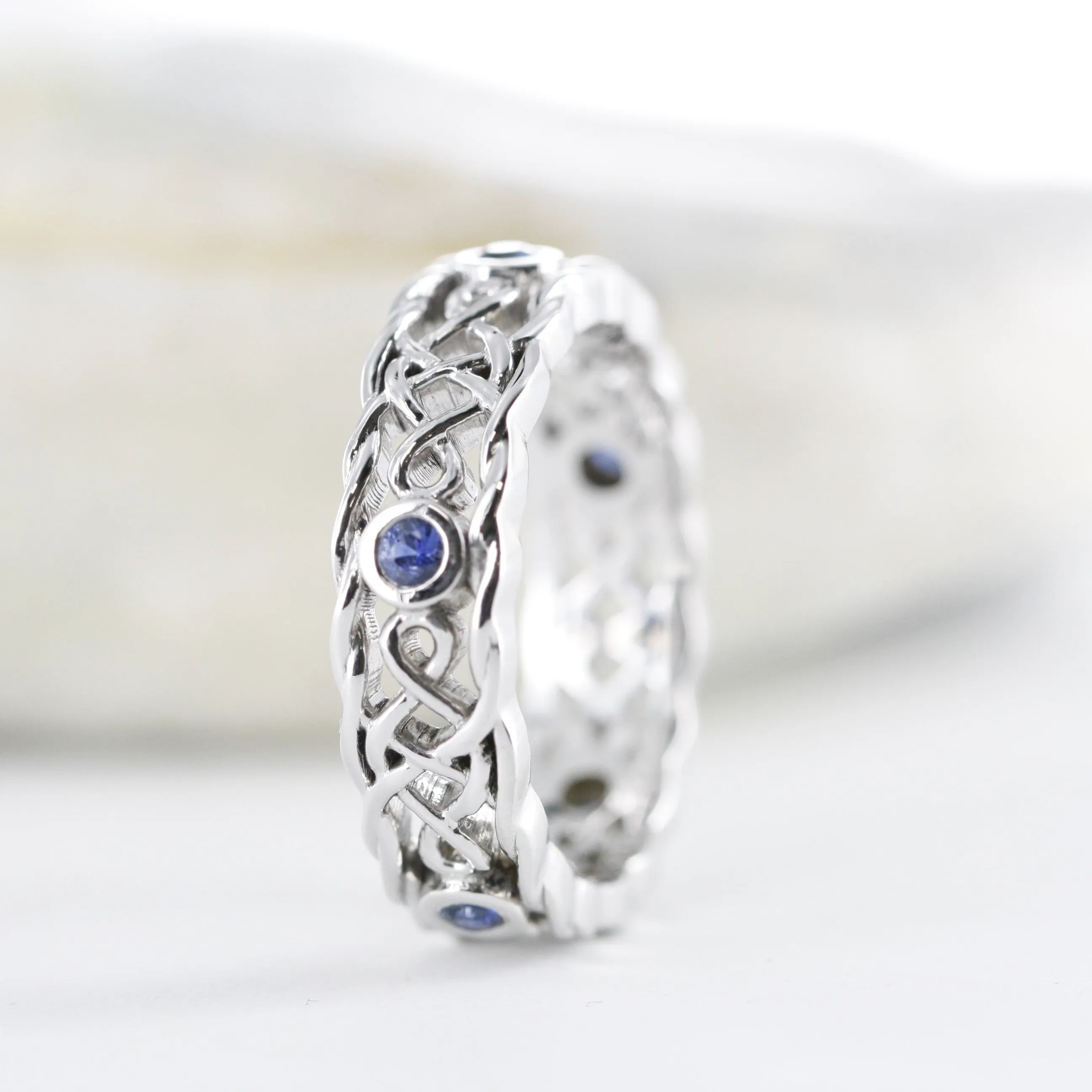Natural Sapphire Celtic Knot Design Wedding Ring in 14K Solid White Gold