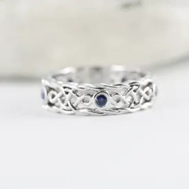 Natural Sapphire Celtic Knot Design Wedding Ring in 14K Solid White Gold