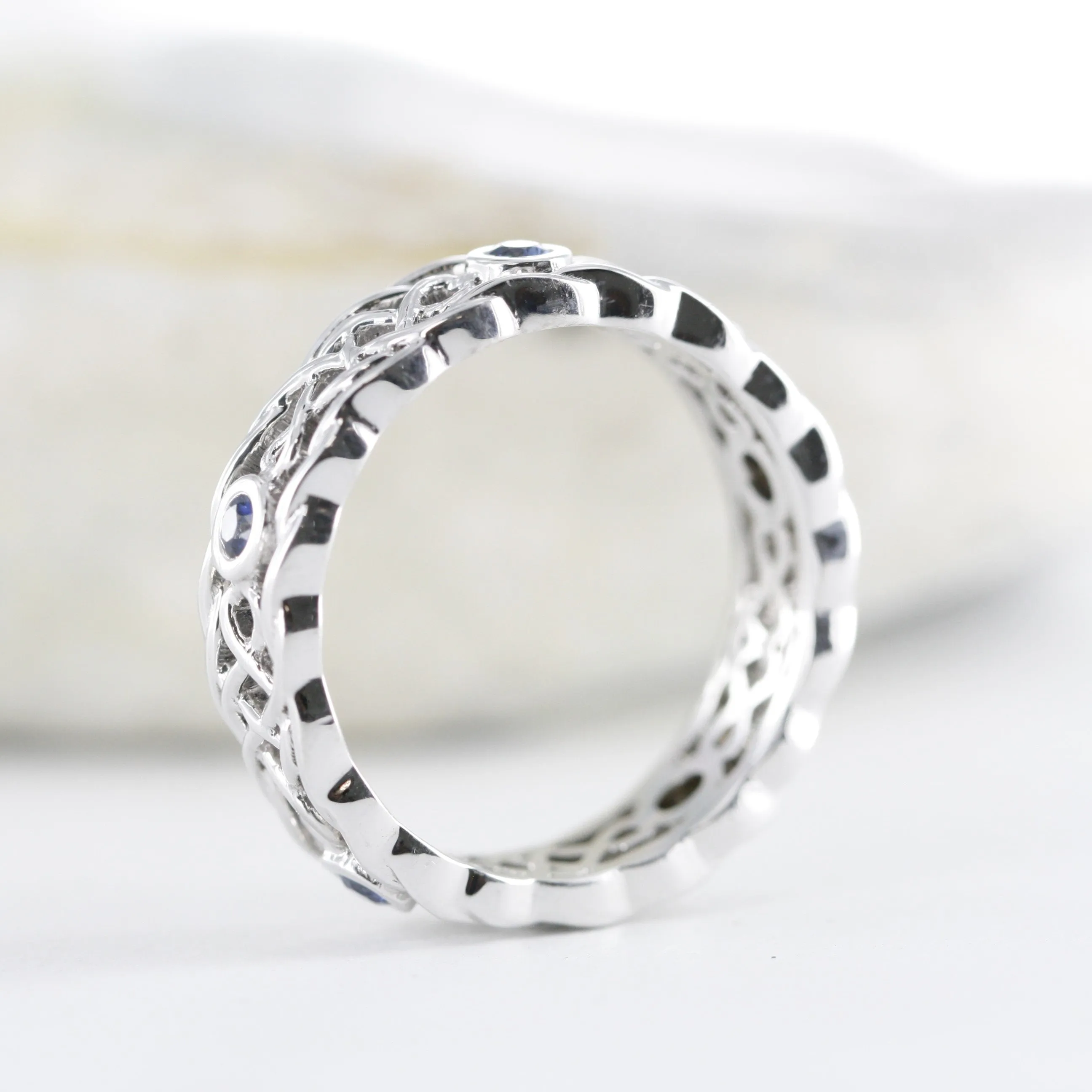 Natural Sapphire Celtic Knot Design Wedding Ring in 14K Solid White Gold