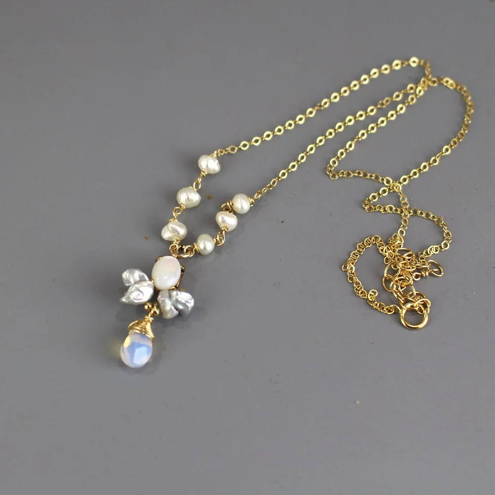 Pearl Opalite Beaded Bee Necklace
