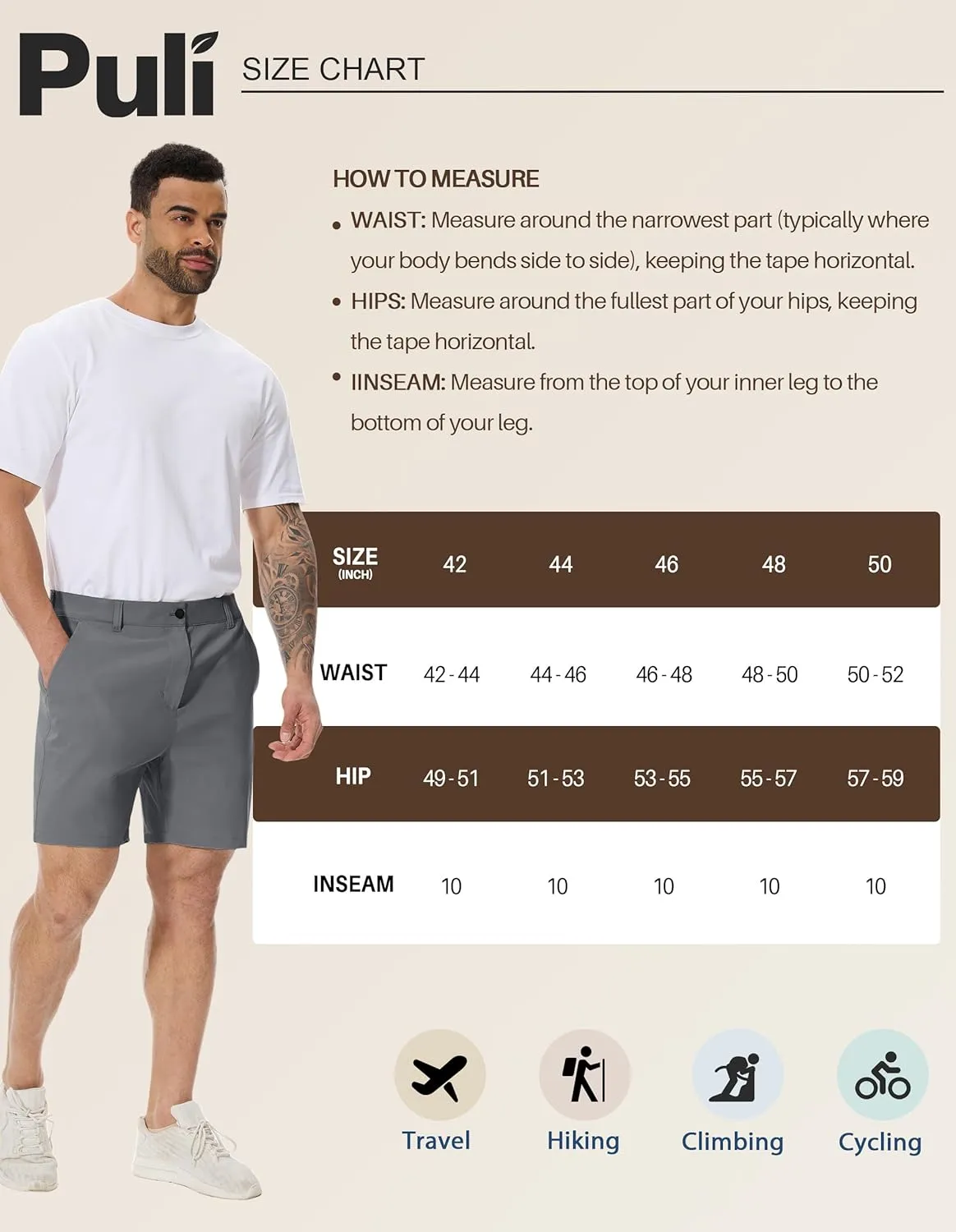 PULI Men's Big & Tall Golf Shorts Stretch 10 Inch Inseam Waterproof Lightweight Qiuck Dry Hiking Shorts