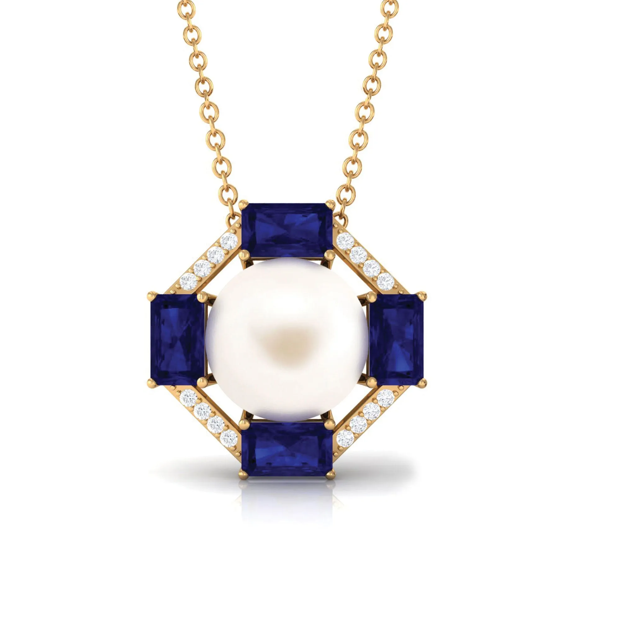 Real Freshwater Pearl Contemporary Halo Pendant with Blue Sapphire and Diamond