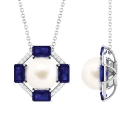 Real Freshwater Pearl Contemporary Halo Pendant with Blue Sapphire and Diamond