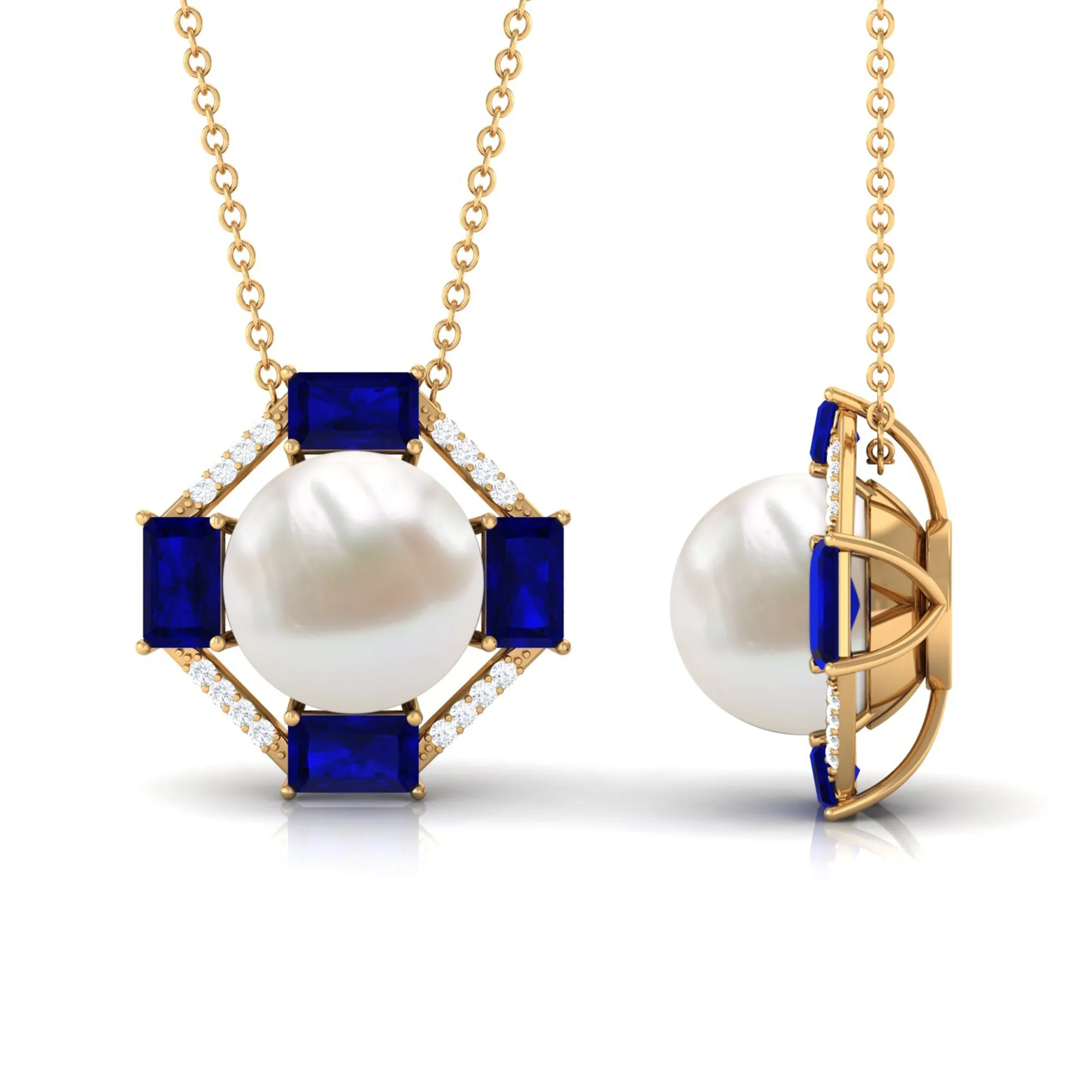 Real Freshwater Pearl Contemporary Halo Pendant with Blue Sapphire and Diamond