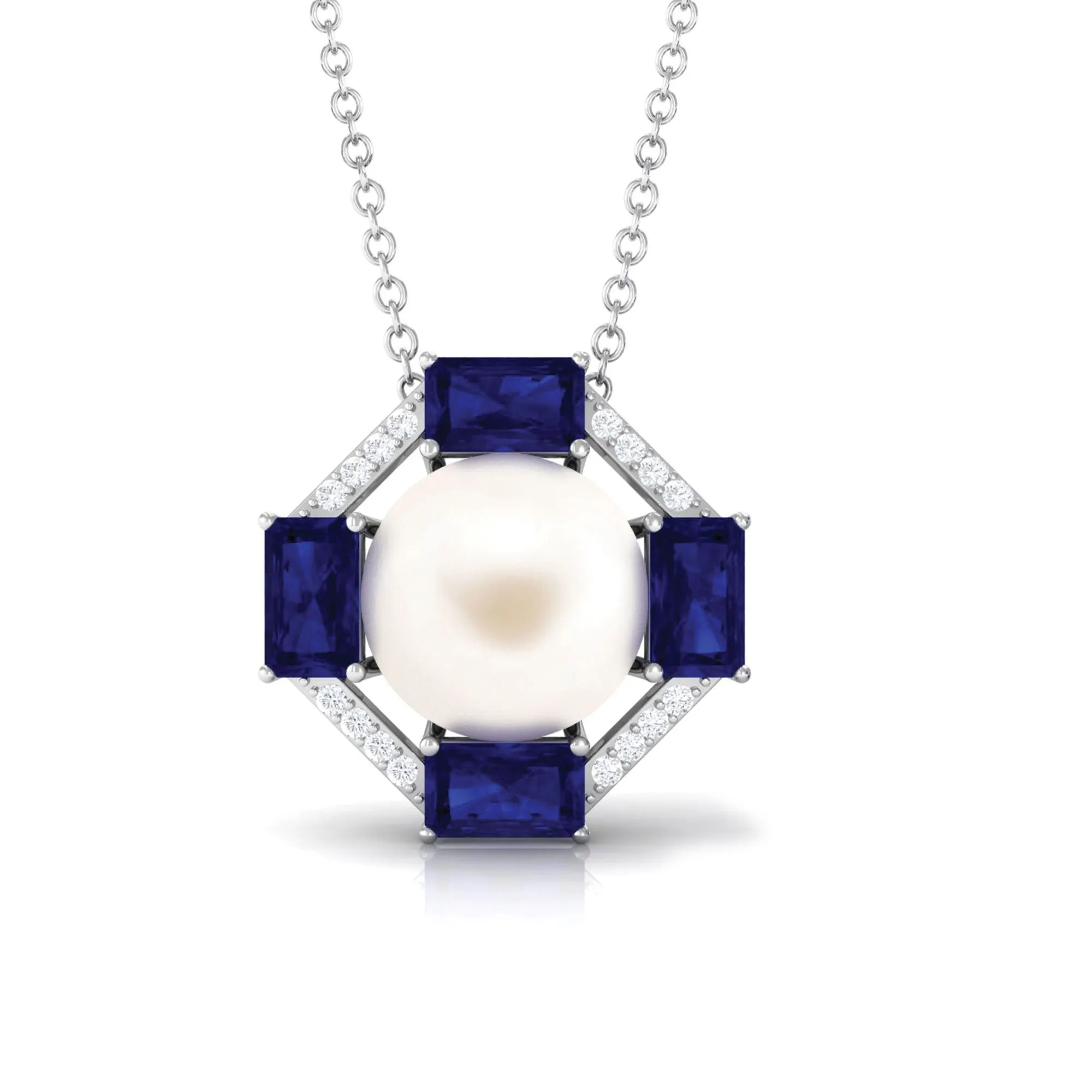 Real Freshwater Pearl Contemporary Halo Pendant with Blue Sapphire and Diamond