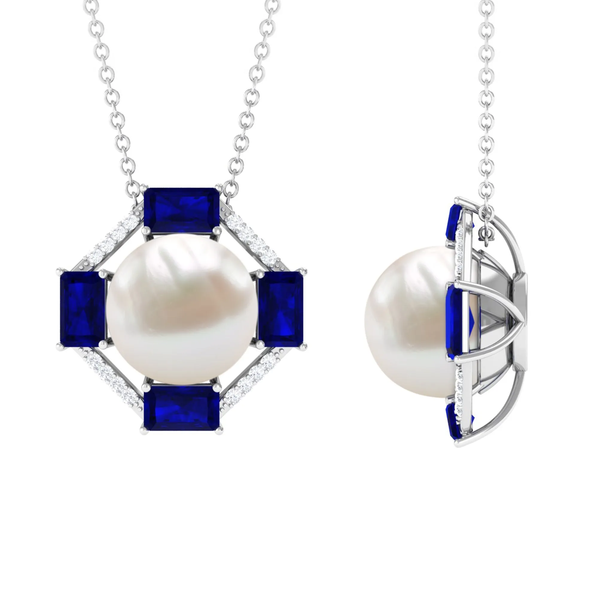 Real Freshwater Pearl Contemporary Halo Pendant with Blue Sapphire and Diamond