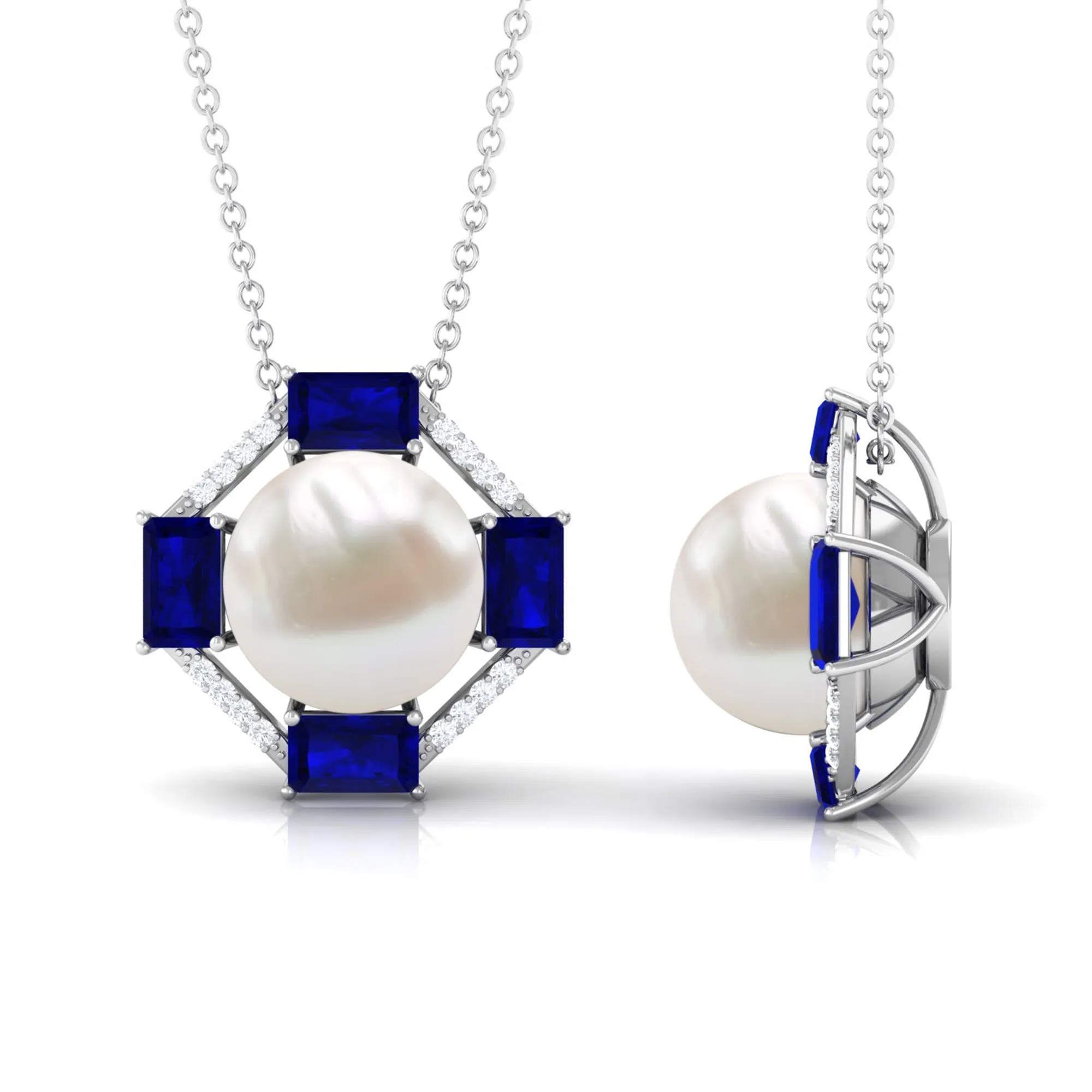 Real Freshwater Pearl Contemporary Halo Pendant with Blue Sapphire and Diamond