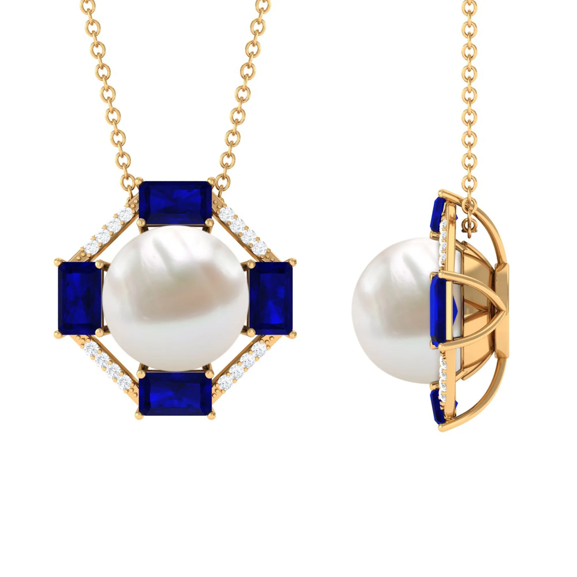 Real Freshwater Pearl Contemporary Halo Pendant with Blue Sapphire and Diamond