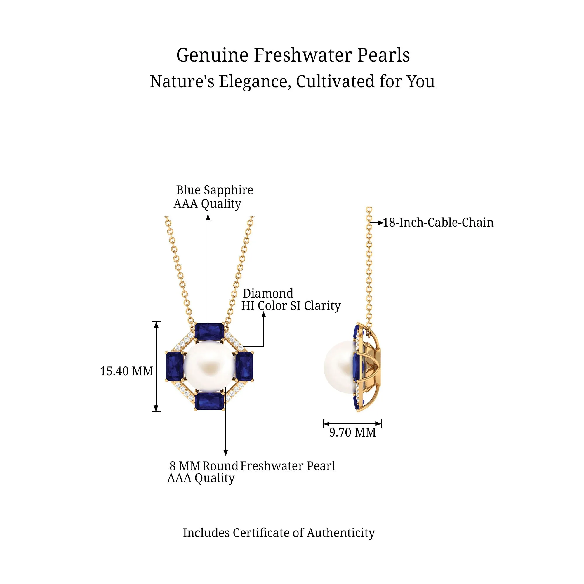 Real Freshwater Pearl Contemporary Halo Pendant with Blue Sapphire and Diamond