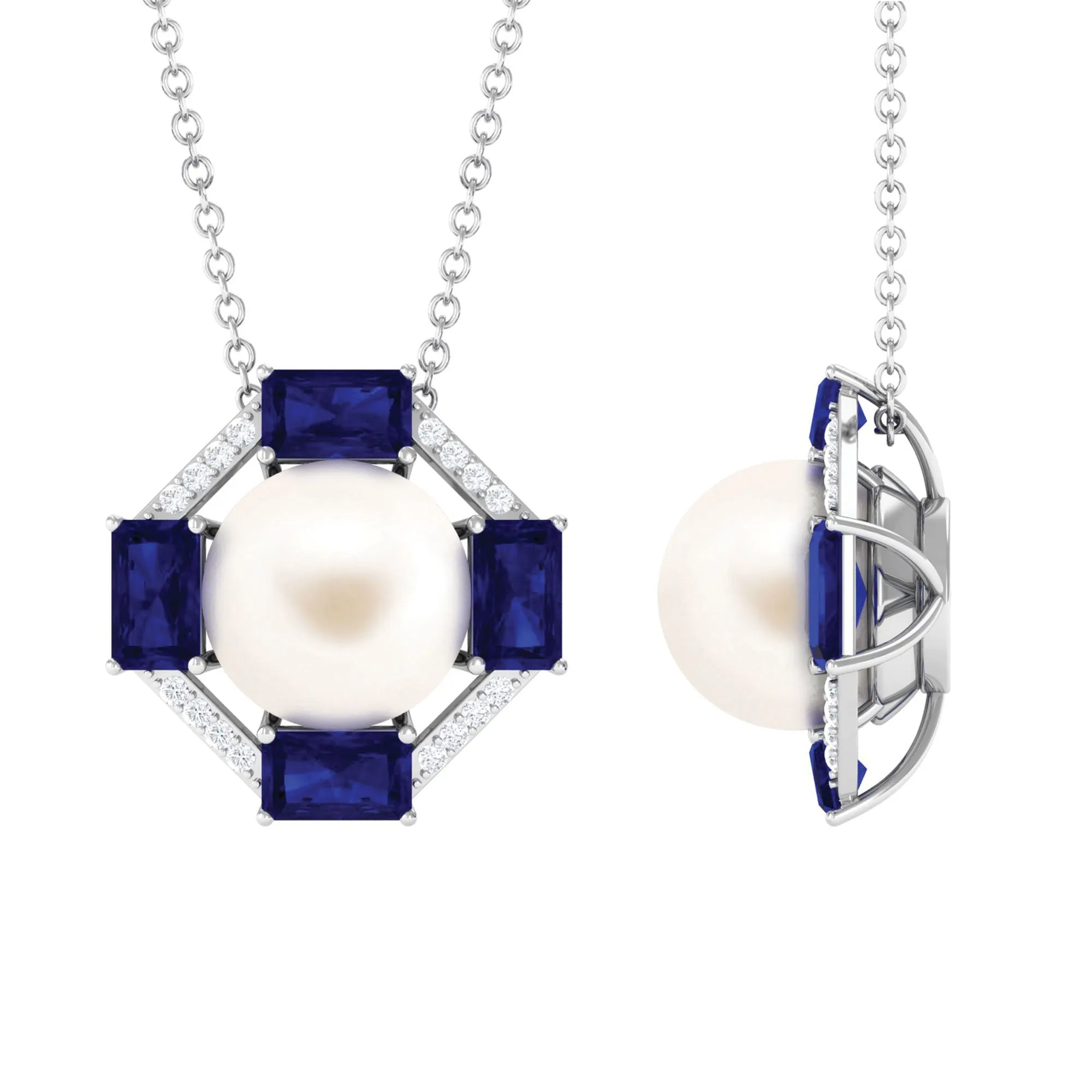 Real Freshwater Pearl Contemporary Halo Pendant with Blue Sapphire and Diamond