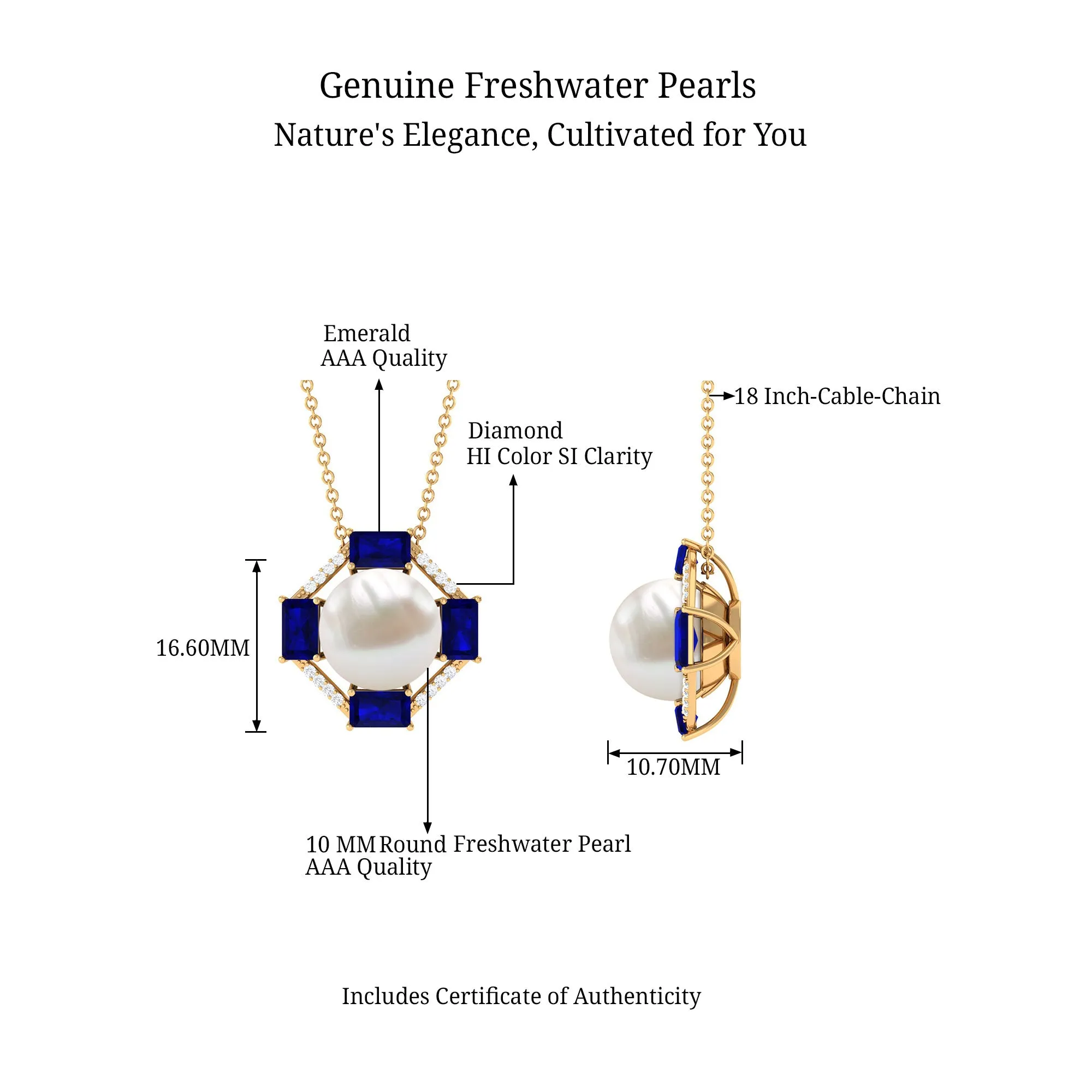 Real Freshwater Pearl Contemporary Halo Pendant with Blue Sapphire and Diamond
