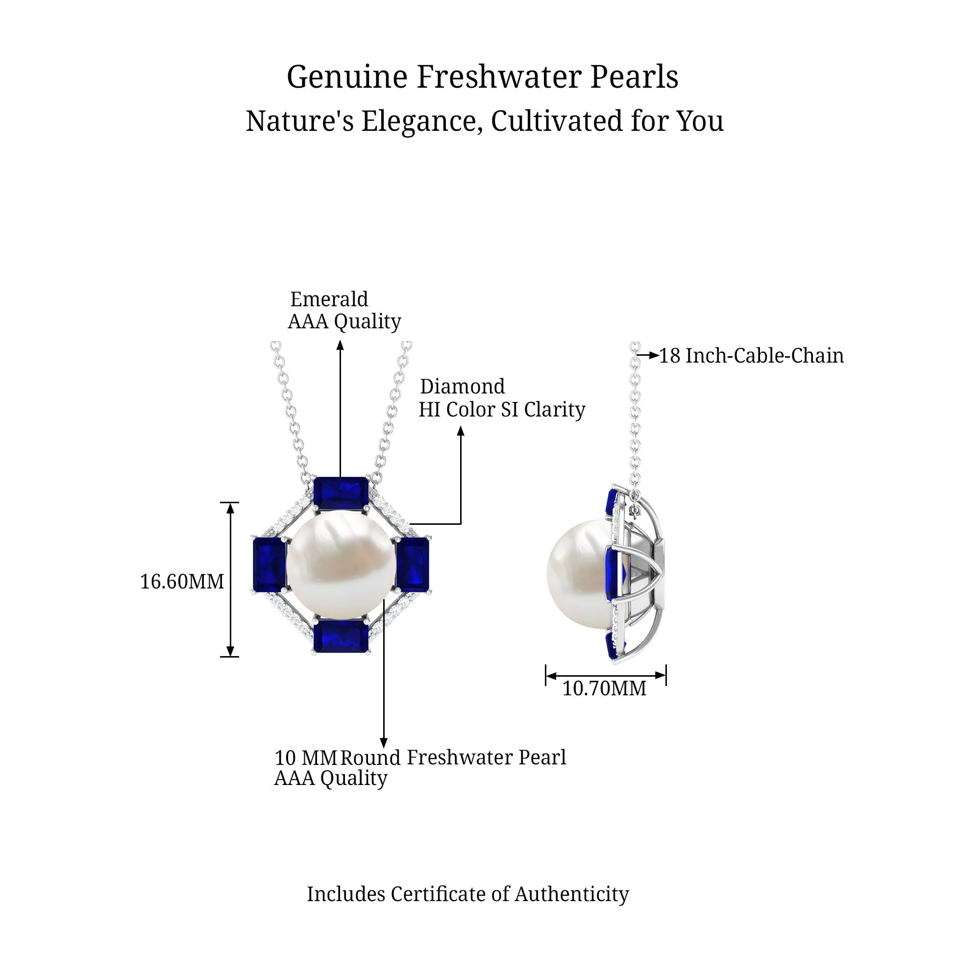 Real Freshwater Pearl Contemporary Halo Pendant with Blue Sapphire and Diamond
