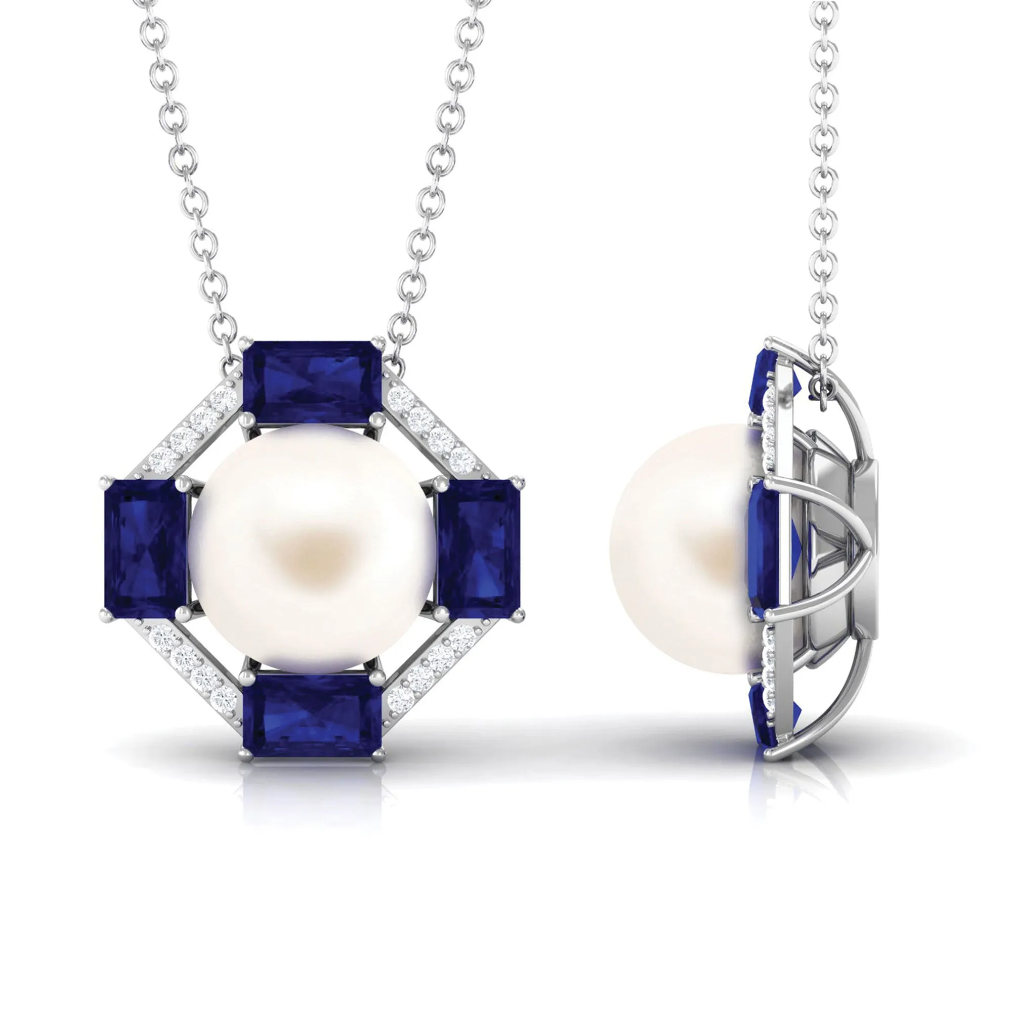 Real Freshwater Pearl Contemporary Halo Pendant with Blue Sapphire and Diamond