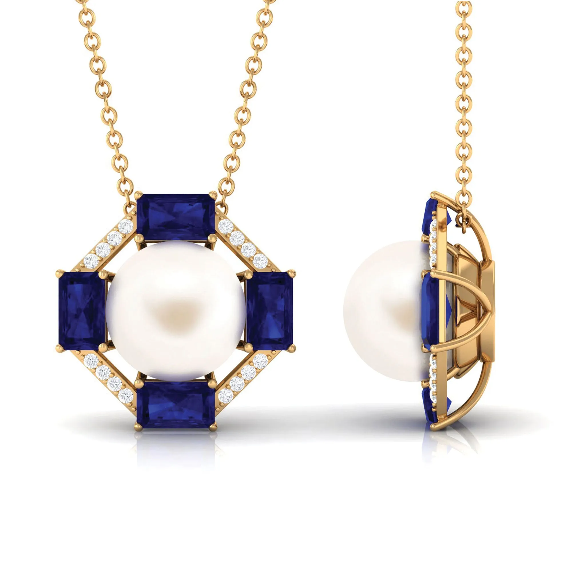 Real Freshwater Pearl Contemporary Halo Pendant with Blue Sapphire and Diamond