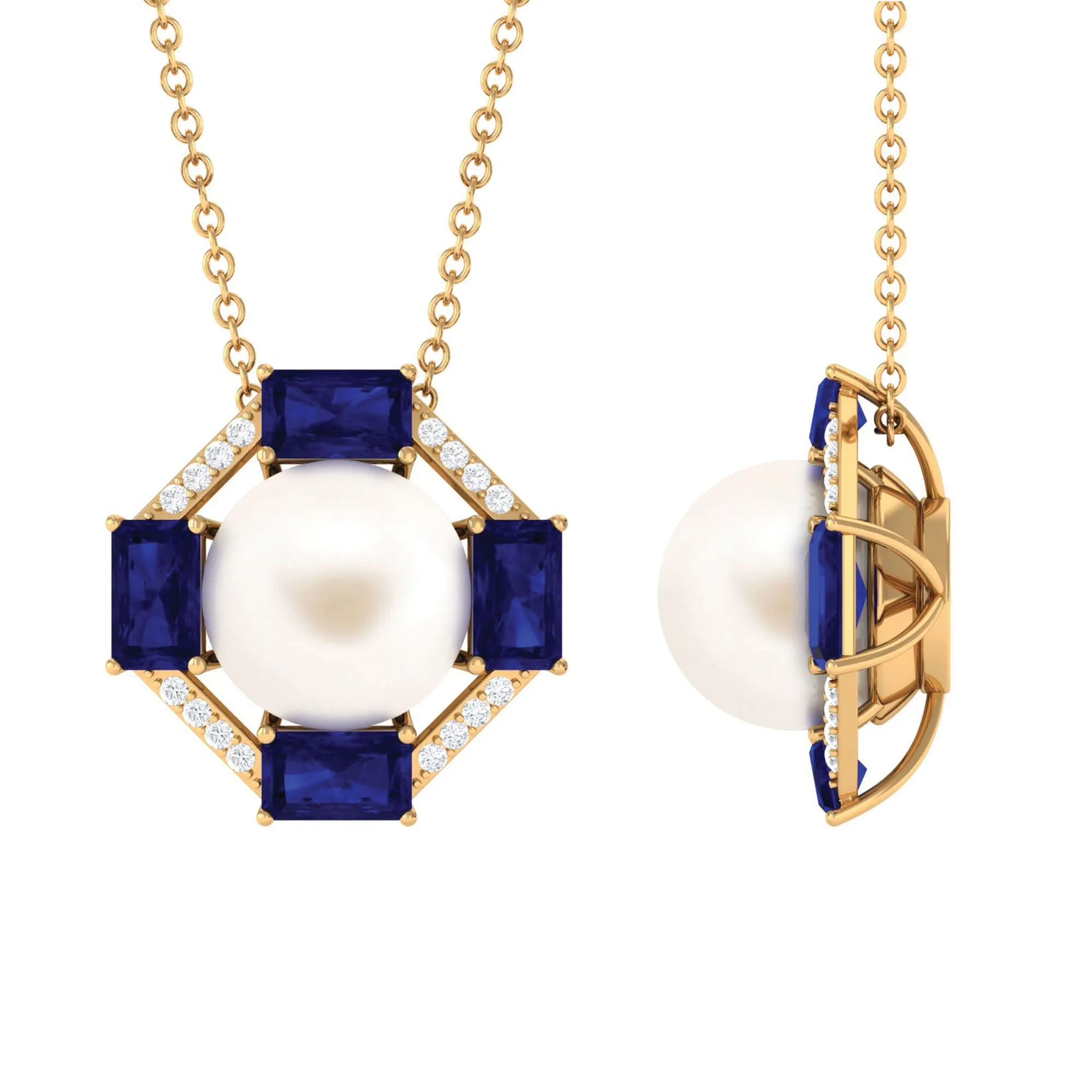 Real Freshwater Pearl Contemporary Halo Pendant with Blue Sapphire and Diamond