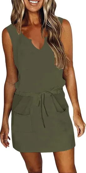 SAUKOLE Womens Sleeveless T Shirt Dresses 2025 Casual Cute Floral Print Short Dress Summer Fashion Front Pockets