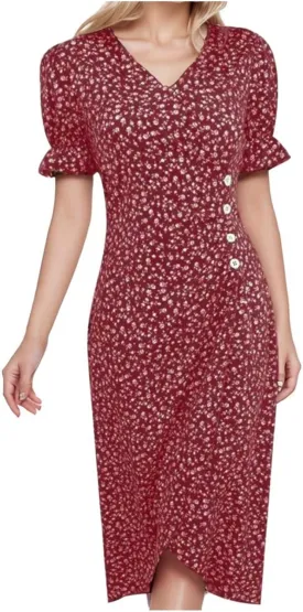 Spring Dresses For Women 2025 Bubble Sleeve Split Irregular Hem V-neck Elegant Dress Button Floral Casual Sundress