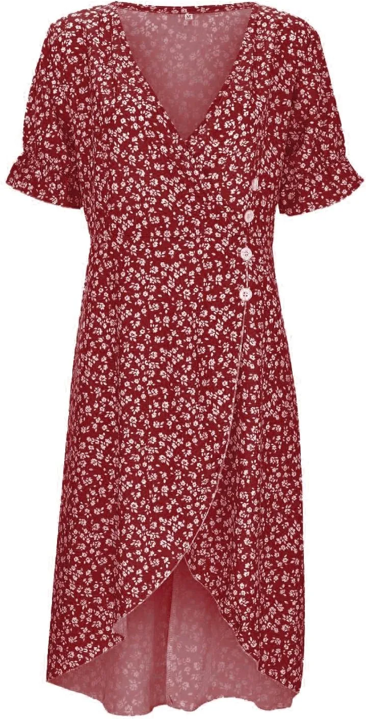 Spring Dresses For Women 2025 Bubble Sleeve Split Irregular Hem V-neck Elegant Dress Button Floral Casual Sundress