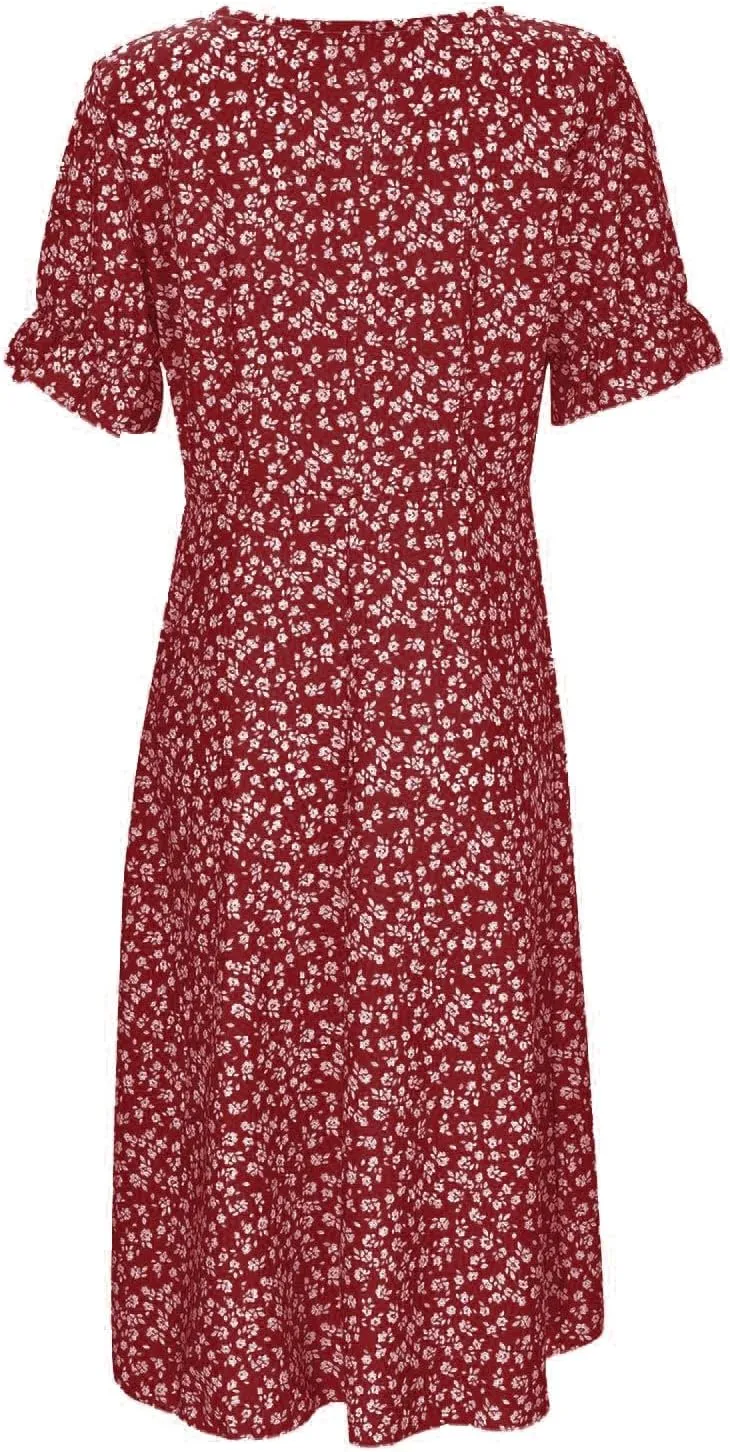 Spring Dresses For Women 2025 Bubble Sleeve Split Irregular Hem V-neck Elegant Dress Button Floral Casual Sundress