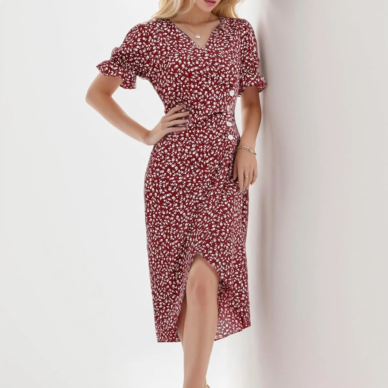 Spring Dresses For Women 2025 Bubble Sleeve Split Irregular Hem V-neck Elegant Dress Button Floral Casual Sundress