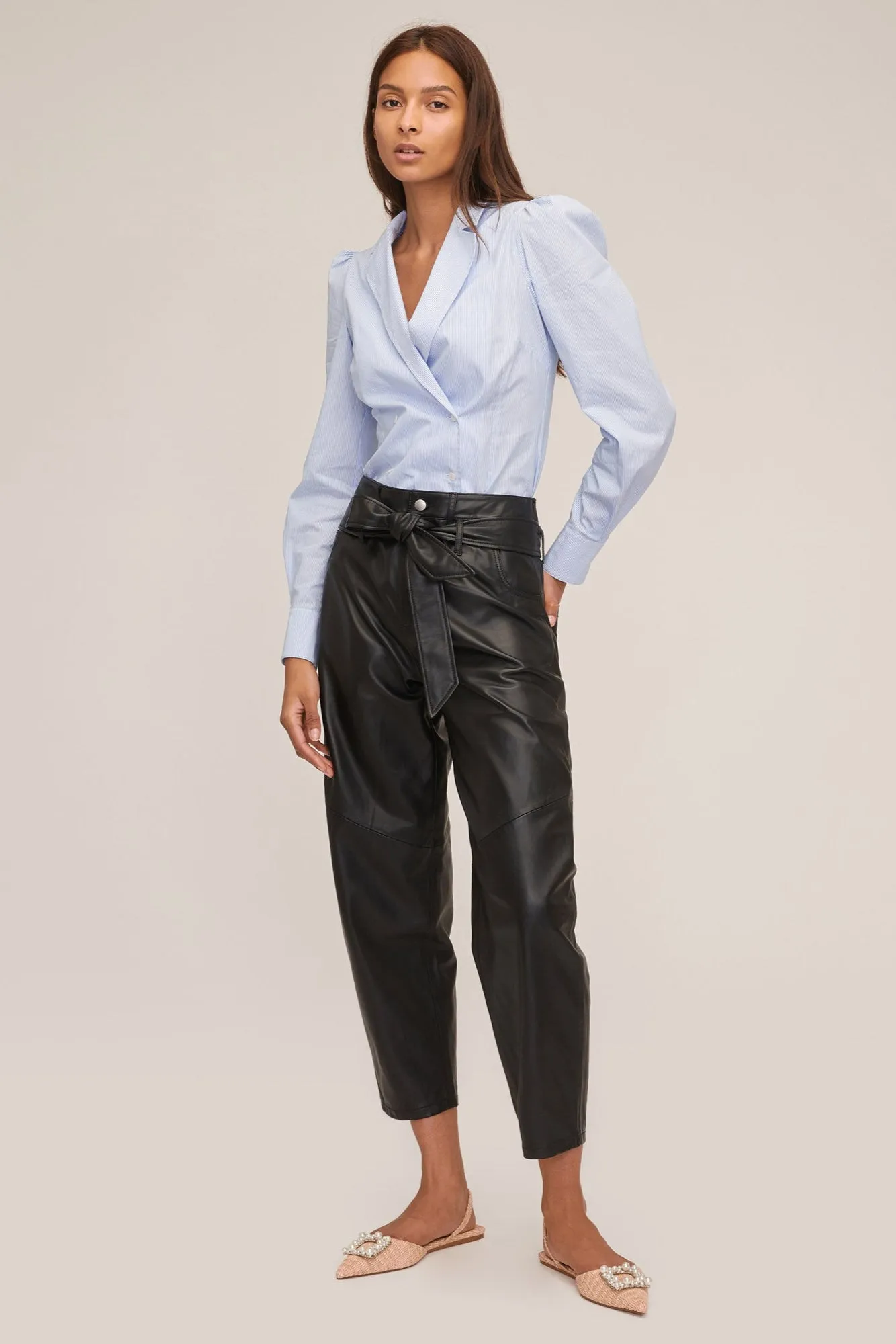 Stevie Barrel Leg Leather Pant in Black
