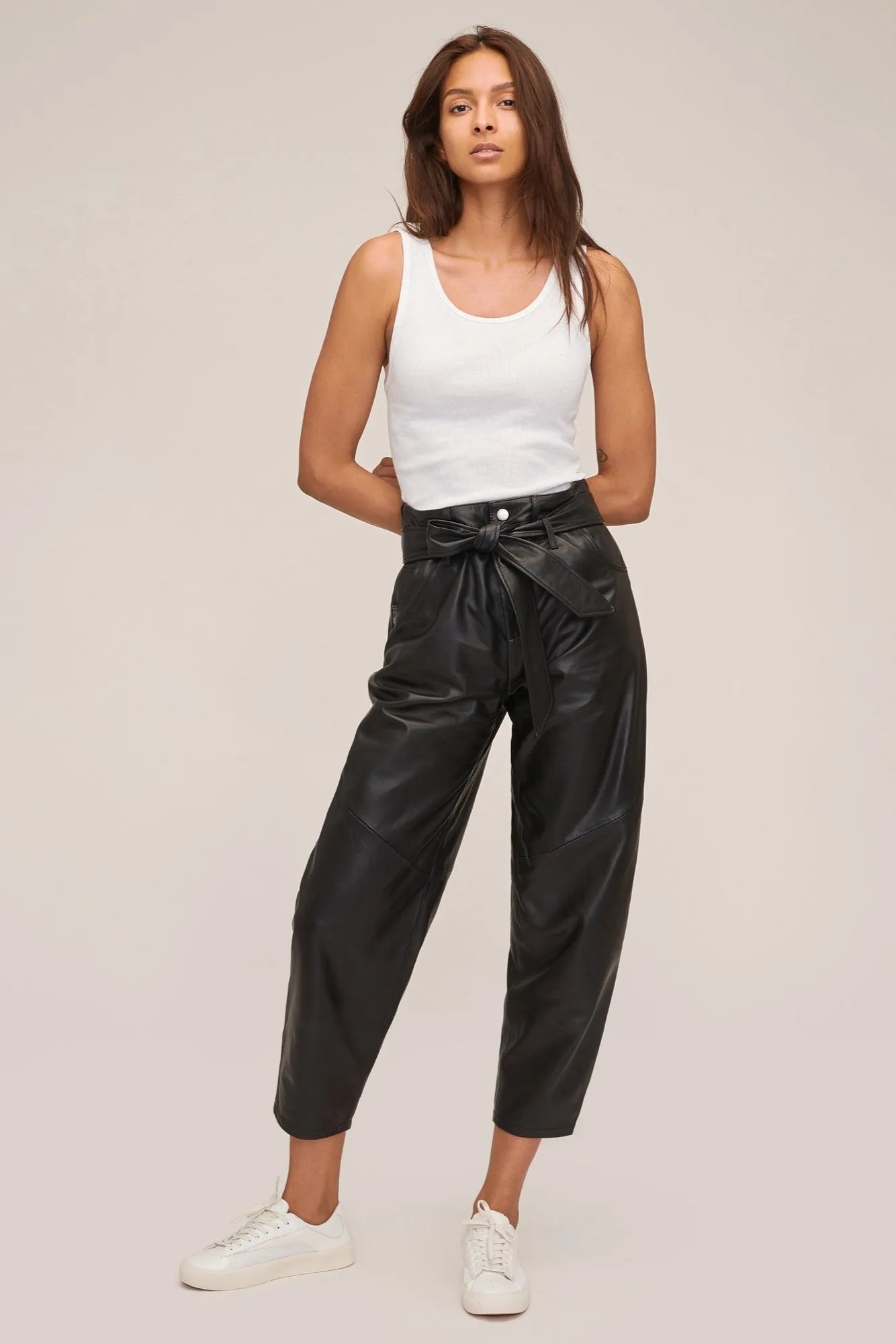 Stevie Barrel Leg Leather Pant in Black