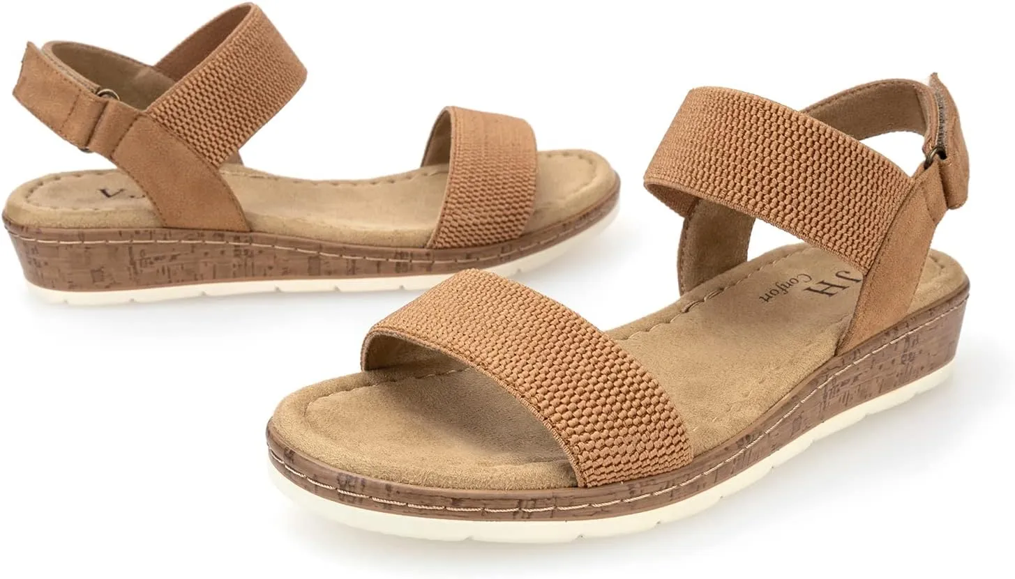 VJH confort Womens Flat Sandals Open Toe Elastic Ankle Strap Slip on Comfy Low Wedge Sandals