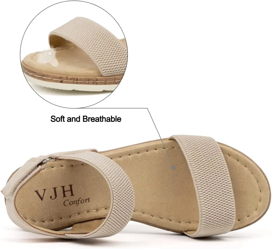 VJH confort Womens Flat Sandals Open Toe Elastic Ankle Strap Slip on Comfy Low Wedge Sandals