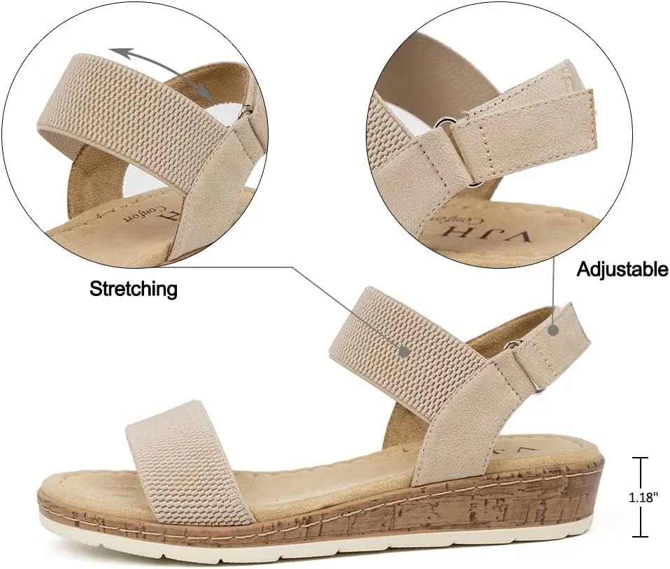 VJH confort Womens Flat Sandals Open Toe Elastic Ankle Strap Slip on Comfy Low Wedge Sandals