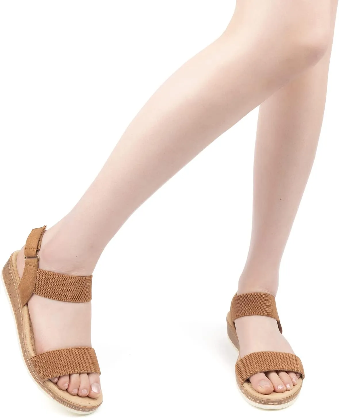 VJH confort Womens Flat Sandals Open Toe Elastic Ankle Strap Slip on Comfy Low Wedge Sandals